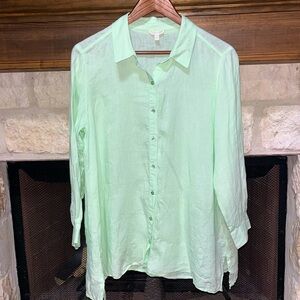 Eileen Fisher Green Linen Button Up Blouse
